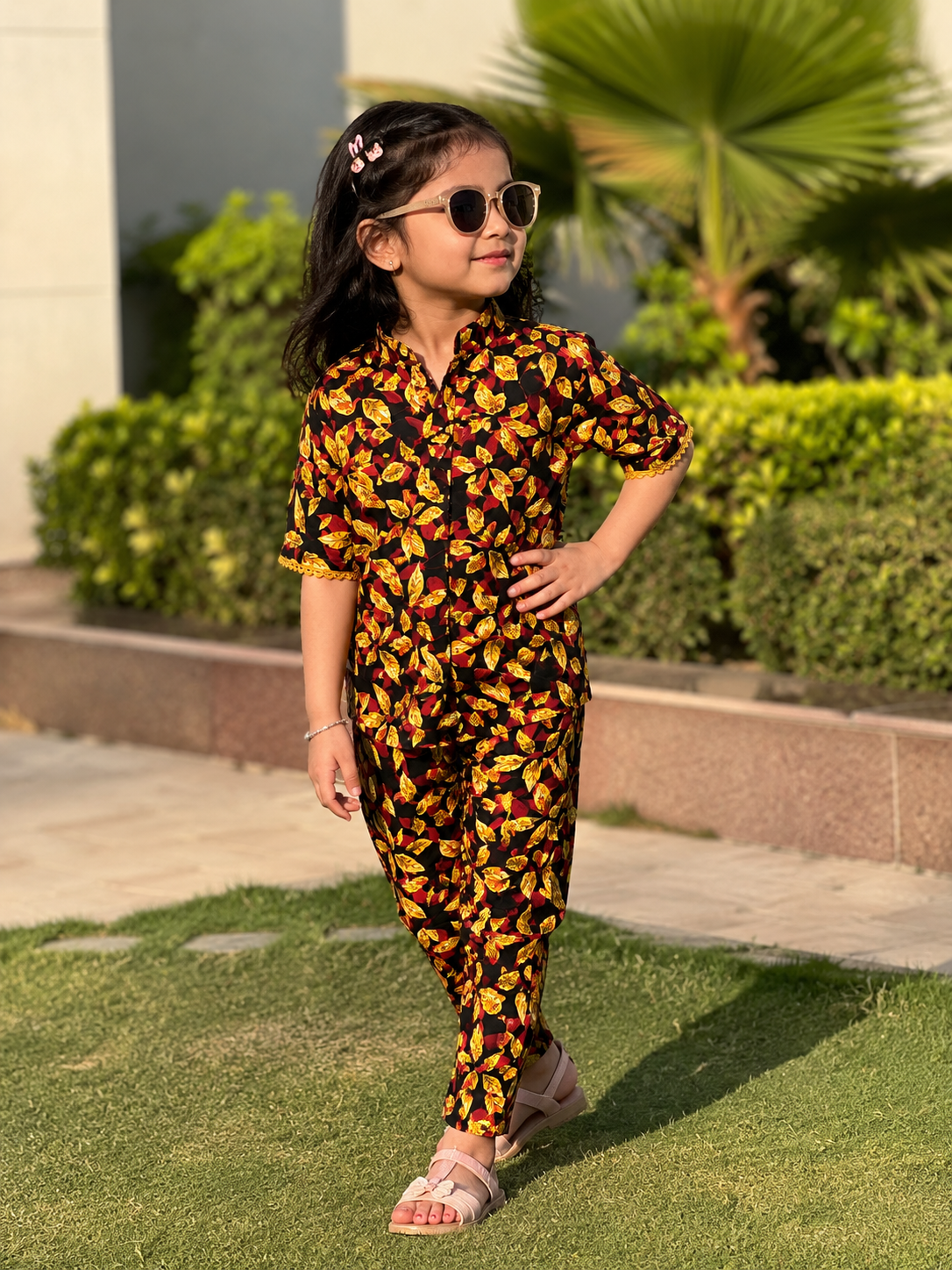 Reekaz Girls Black & Mustard Leaf Print Co-Ord Set | Premium Cotton Summer Outfit