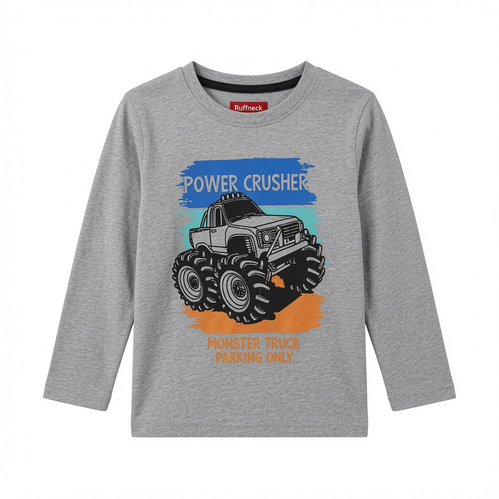 Reekaz Boys Power Crusher Monster Truck Long Sleeve T-Shirt | Soft Cotton Graphic Tee (1-12 Years)