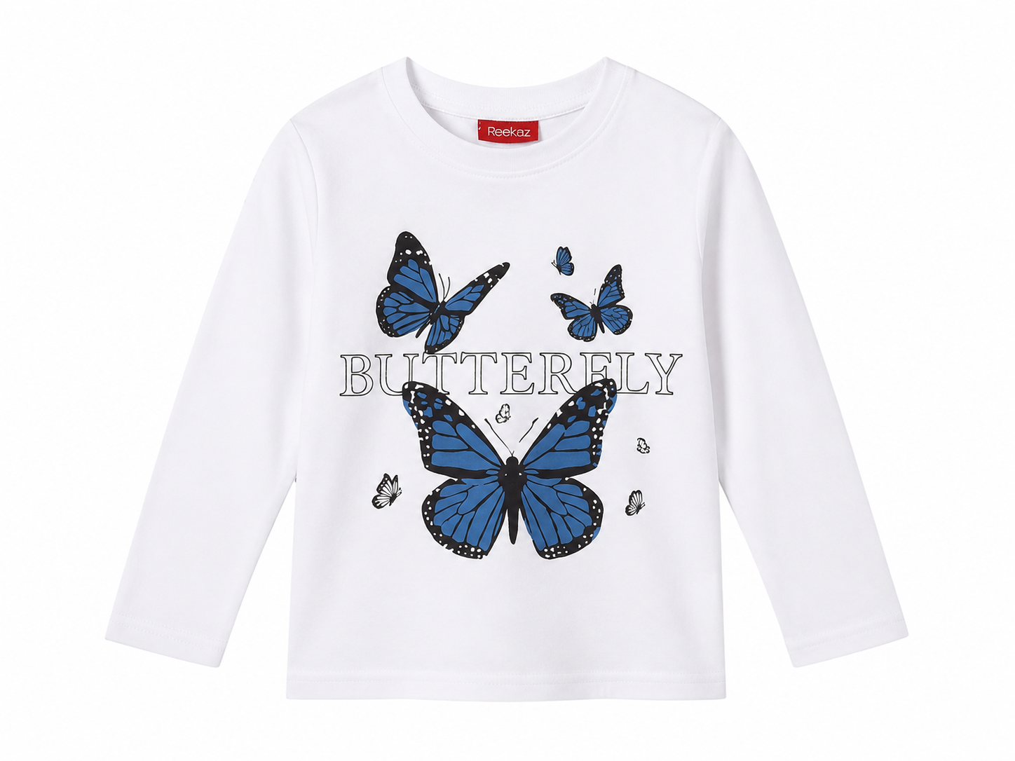 Reekaz Girls White Butterfly Graphic Long Sleeve T-Shirt | Soft Cotton Casual Tee (1–12 Years)