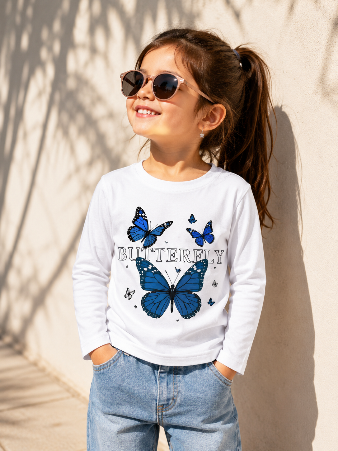Reekaz Girls White Butterfly Graphic Long Sleeve T-Shirt | Soft Cotton Casual Tee (1–12 Years)