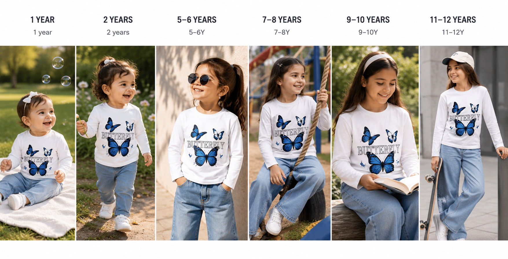 Reekaz Girls White Butterfly Graphic Long Sleeve T-Shirt | Soft Cotton Casual Tee (1–12 Years)