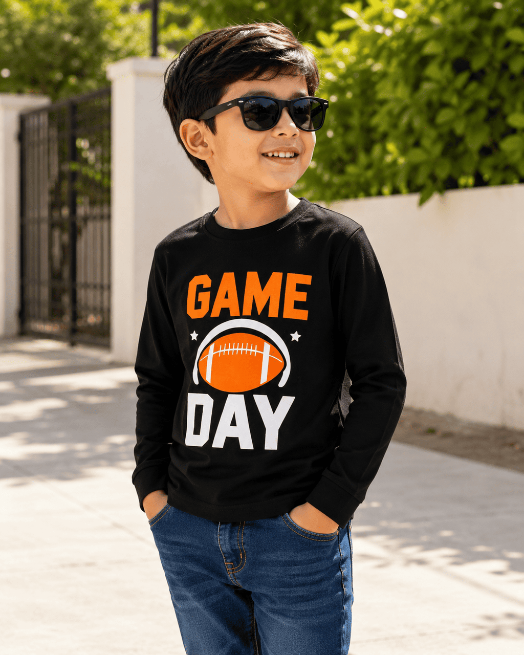 Reekaz Boys Black "Game Day" Full Sleeve Cotton T-Shirt | Kids Sports Graphic Tee (1-12 Years)