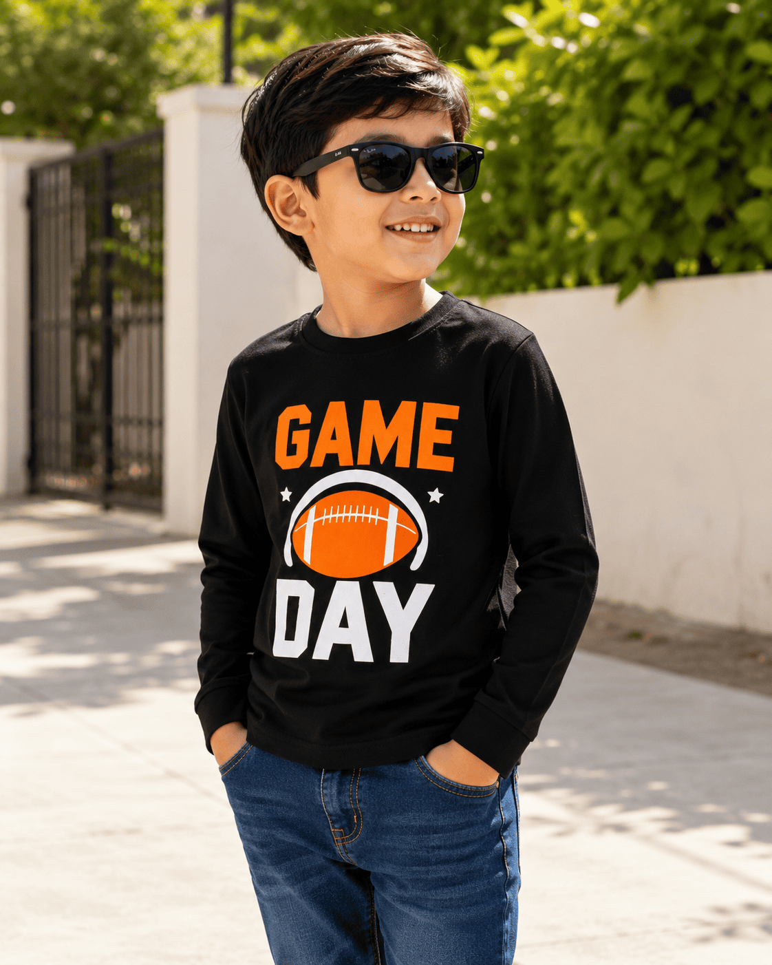 Reekaz Boys Black "Game Day" Full Sleeve Cotton T-Shirt | Kids Sports Graphic Tee (1-12 Years)