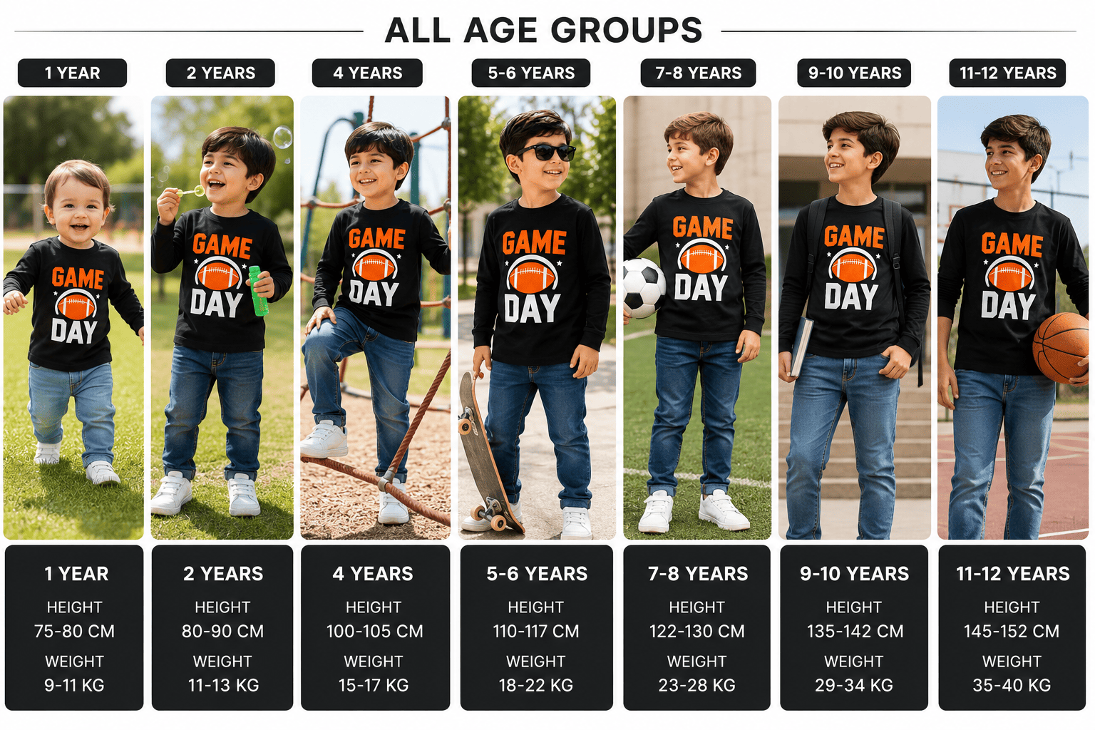 Reekaz Boys Black "Game Day" Full Sleeve Cotton T-Shirt | Kids Sports Graphic Tee (1-12 Years)