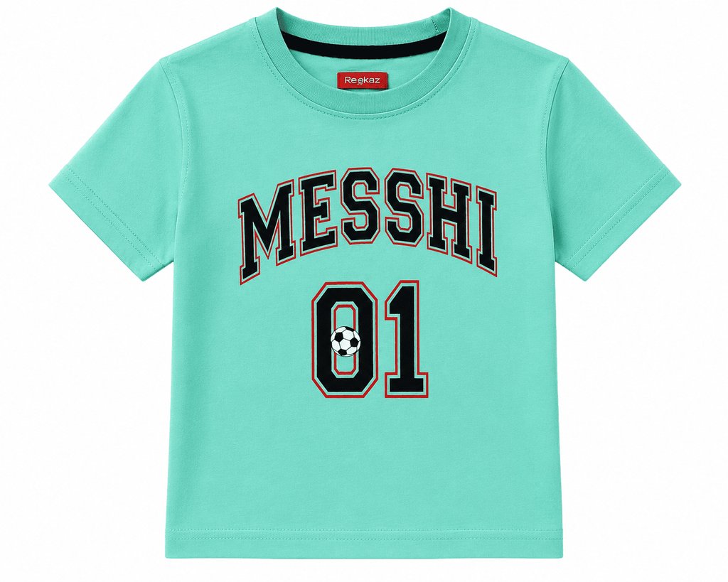 Boys Mint Green "MESSHI 01" Soccer Graphic T-Shirt | Soft Cotton Half Sleeves | Kids Casual Tee (1-12 Years)
