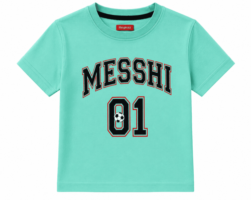 Boys Mint Green "MESSHI 01" Soccer Graphic T-Shirt | Soft Cotton Half Sleeves | Kids Casual Tee (1-12 Years)
