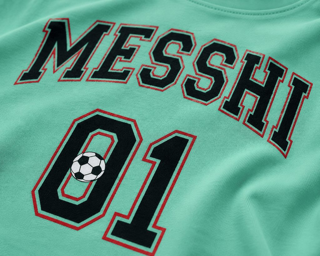 Boys Mint Green "MESSHI 01" Soccer Graphic T-Shirt | Soft Cotton Half Sleeves | Kids Casual Tee (1-12 Years)