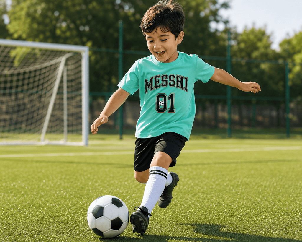Boys Mint Green "MESSHI 01" Soccer Graphic T-Shirt | Soft Cotton Half Sleeves | Kids Casual Tee (1-12 Years)