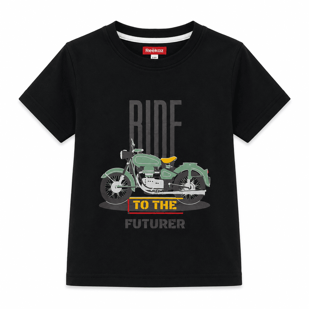 Reekaz Boys Black Motorcycle Graphic T-Shirt – Ride to the Future – Soft Cotton Half Sleeves (1–12 Years)