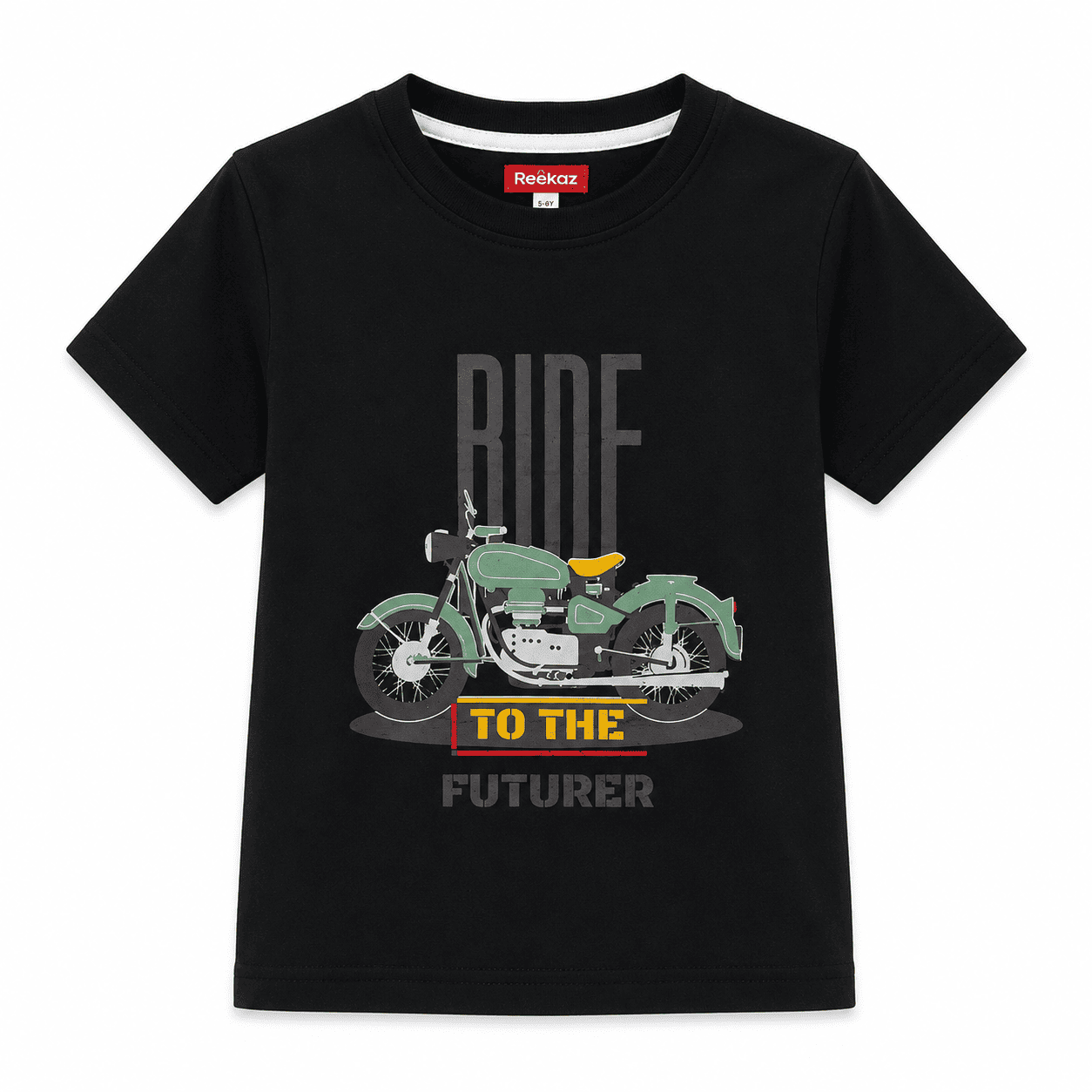 Reekaz Boys Black Motorcycle Graphic T-Shirt – Ride to the Future – Soft Cotton Half Sleeves (1–12 Years)