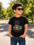 Reekaz Boys Black Motorcycle Graphic T-Shirt – Ride to the Future – Soft Cotton Half Sleeves (1–12 Years)
