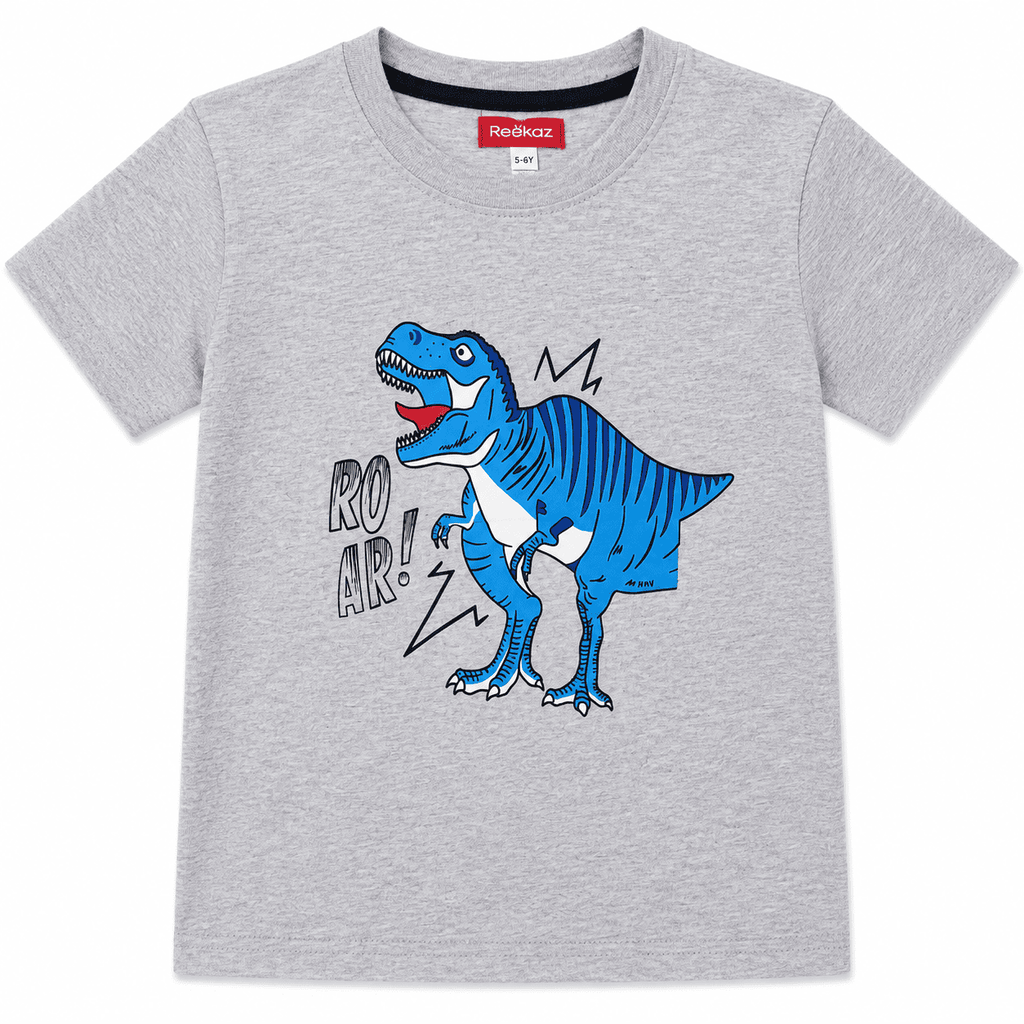 Reekaz Boys Grey Dinosaur T-Shirt | Roar Graphic Cotton Half Sleeve Tee | Kids Casual Summer Shirt (1-12 Years)