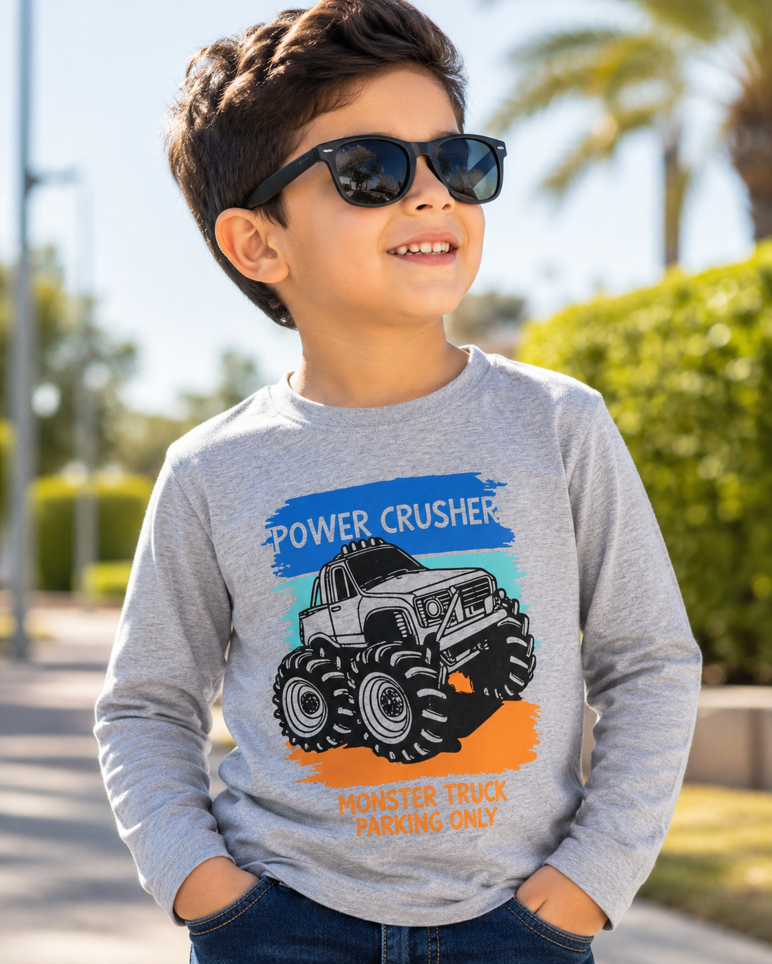 Reekaz Boys Power Crusher Monster Truck Long Sleeve T-Shirt | Soft Cotton Graphic Tee (1-12 Years)