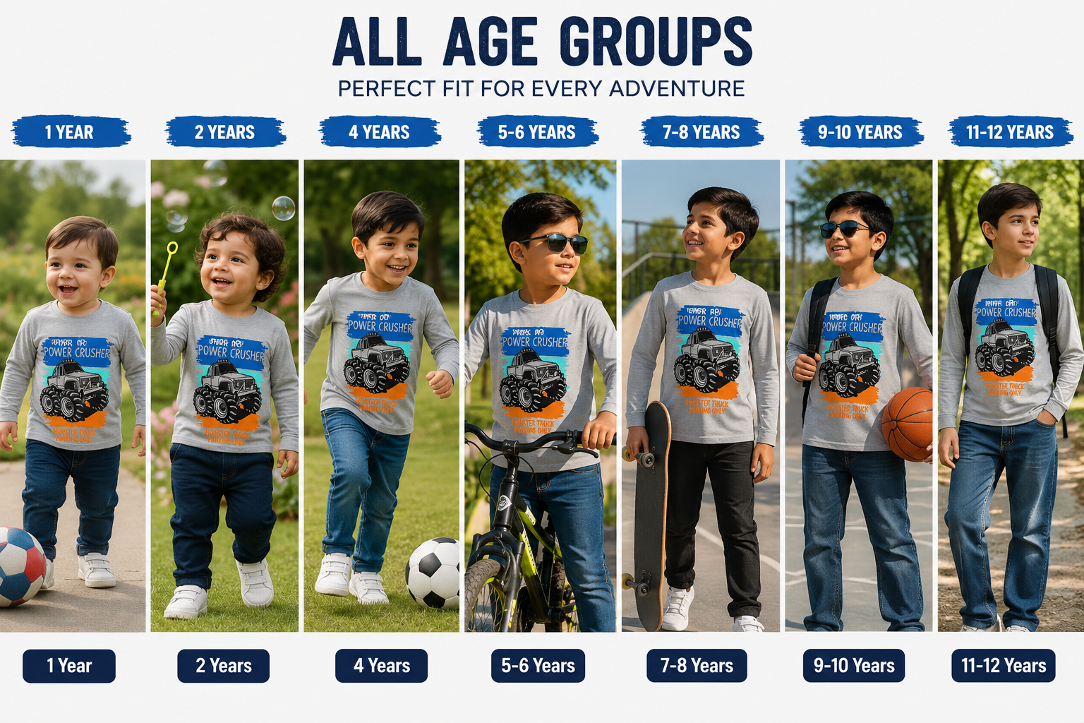 Reekaz Boys Power Crusher Monster Truck Long Sleeve T-Shirt | Soft Cotton Graphic Tee (1-12 Years)