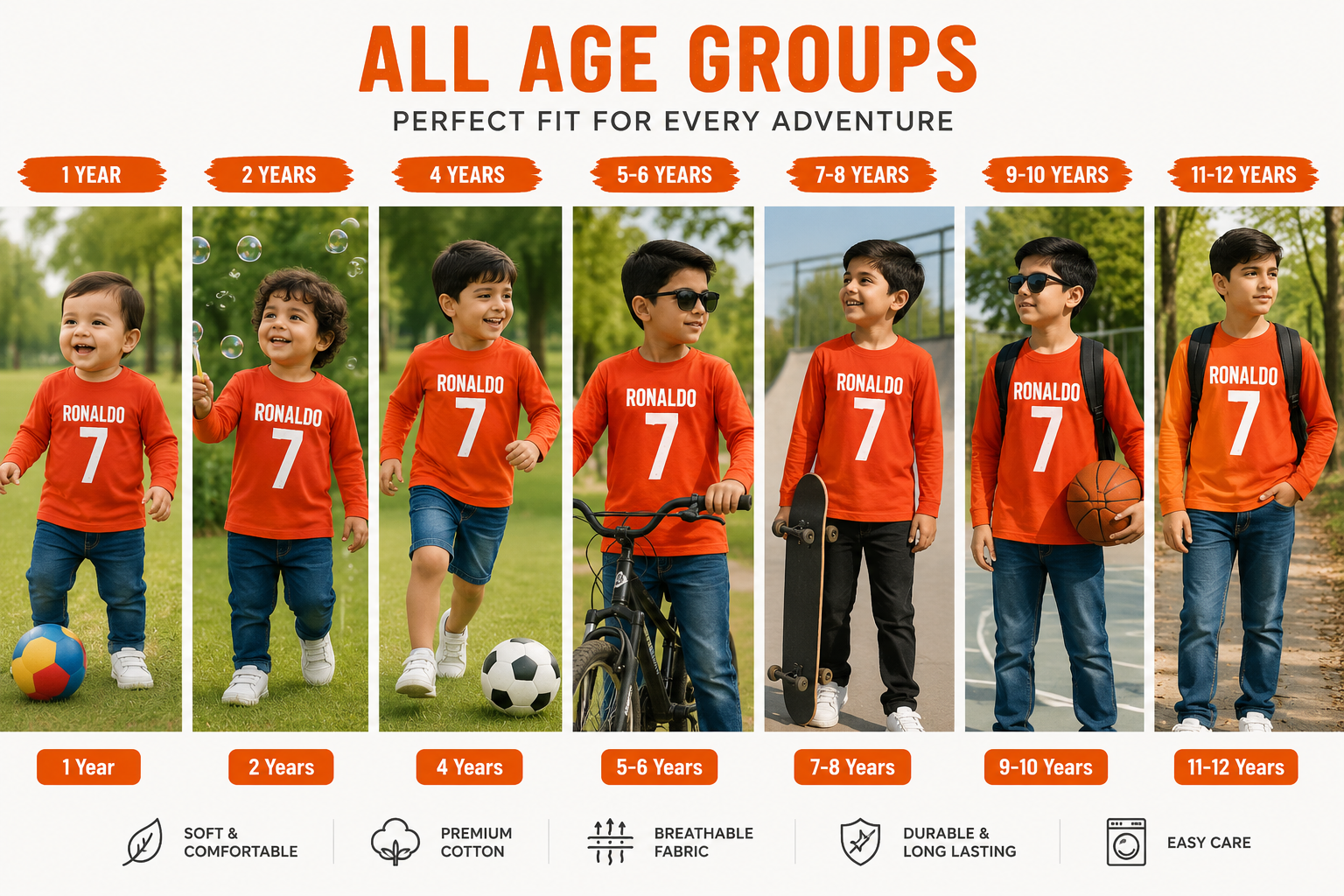 Ronaldo 7 Red Long Sleeve T-Shirt for Boys | Reekaz Kids Soccer Jersey Style | 1-12 Years