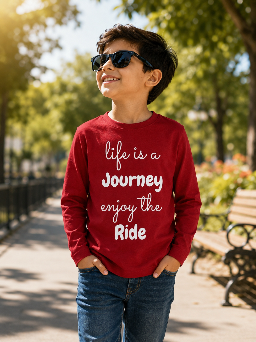 Reekaz Boys Red Full Sleeve T-Shirt – "Life is a Journey Enjoy the Ride" Graphic Cotton Tee