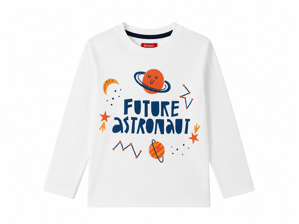 Boys Future Astronaut White Full Sleeve T-Shirt | Soft Cotton Graphic Tee | Reekaz