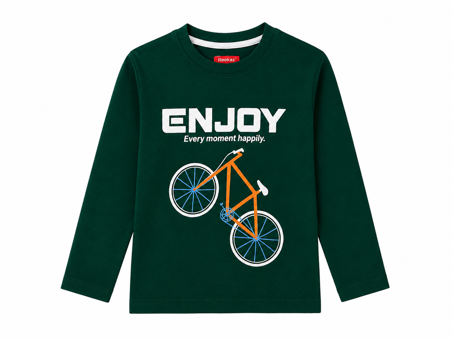 Reekaz Boys Dark Green Long Sleeve Bicycle Graphic T-Shirt – Enjoy Every Moment Happily