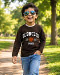 Kids Dark Brown Long Sleeve Basketball T-Shirt - OLBNCLUB Sports Graphic | 1-12 Years