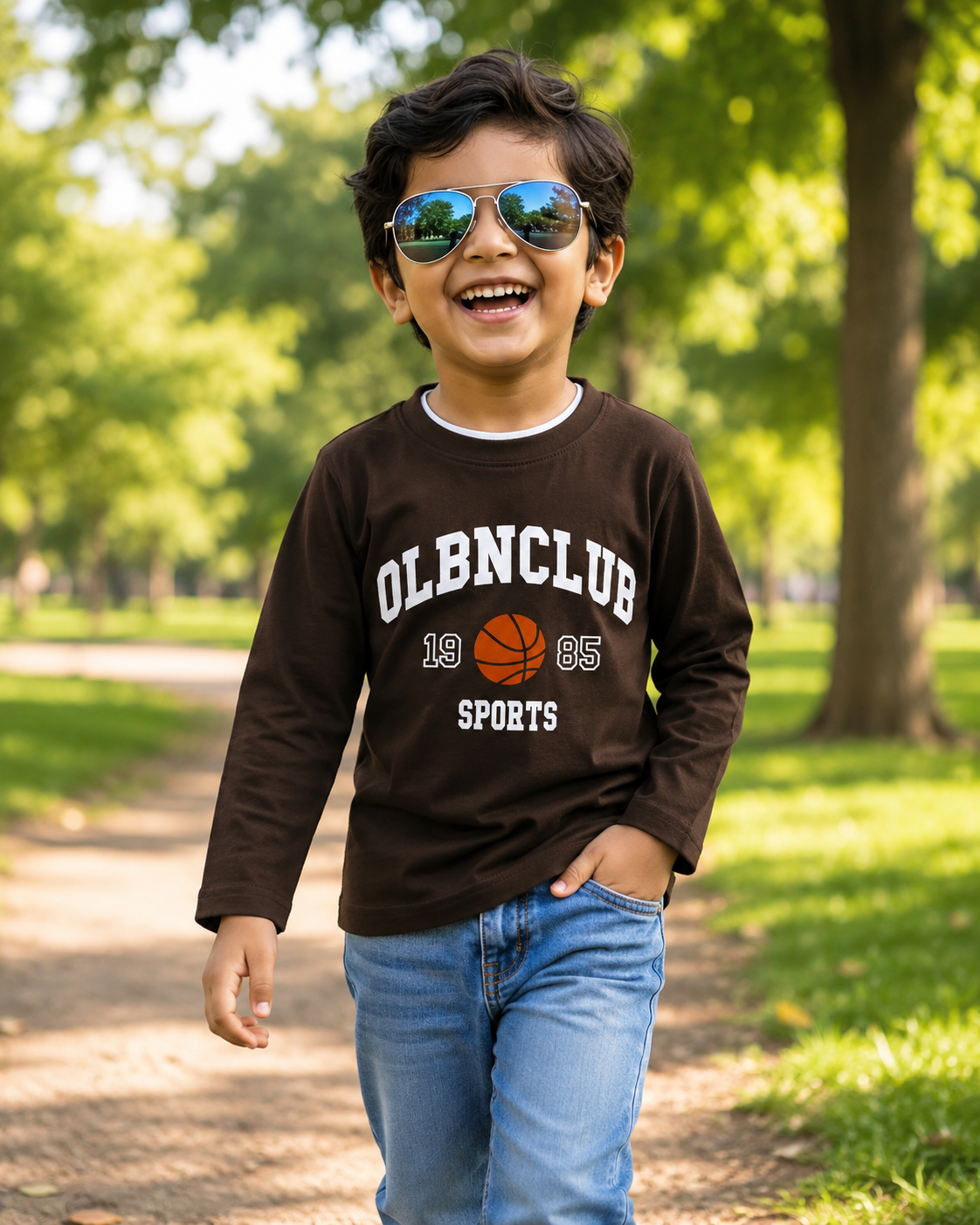 Kids Dark Brown Long Sleeve Basketball T-Shirt - OLBNCLUB Sports Graphic | 1-12 Years