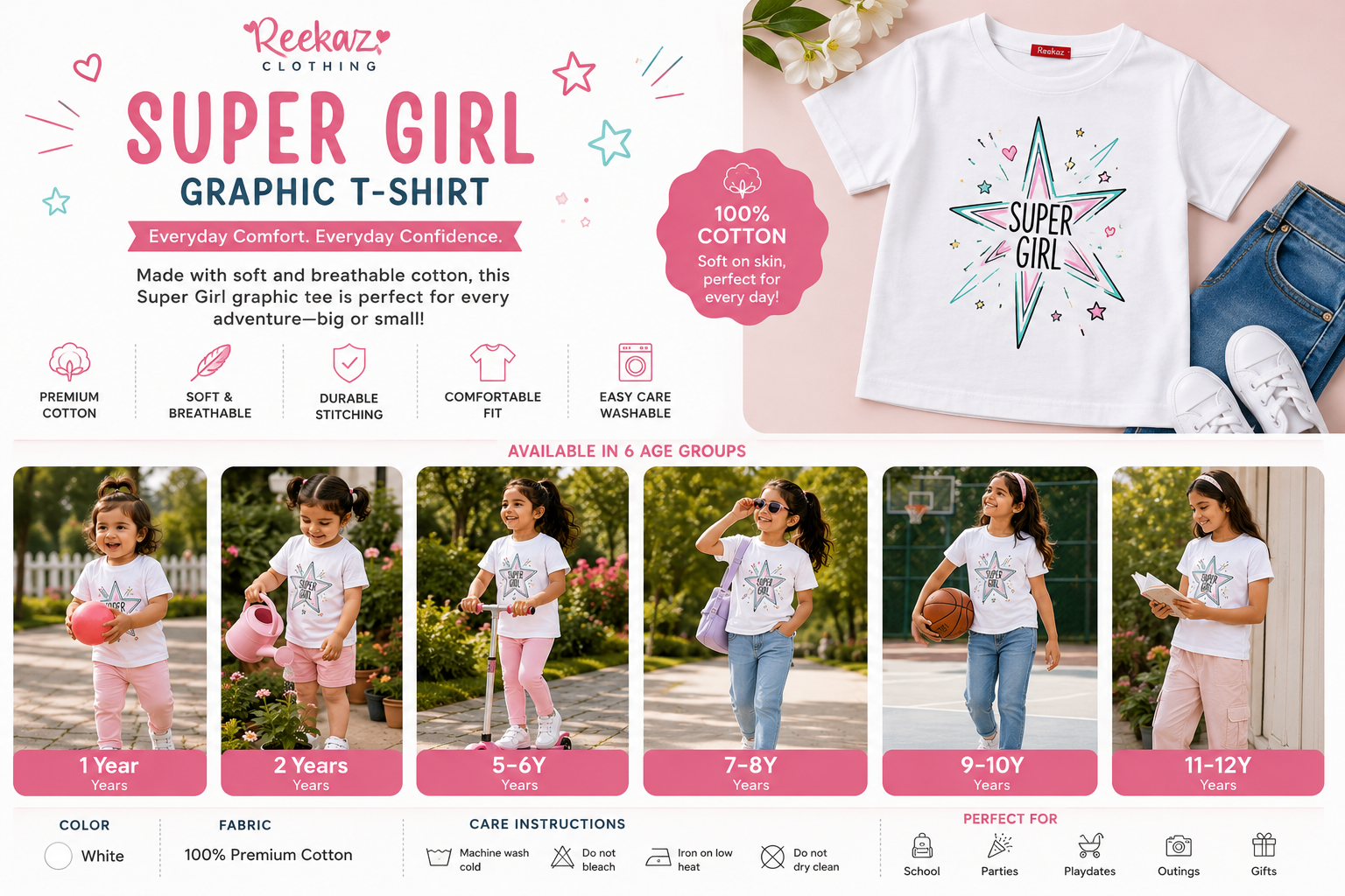 Reekaz Girls Super Girl Graphic T-Shirt – White Cotton Half Sleeve Tee (1–12 Years)