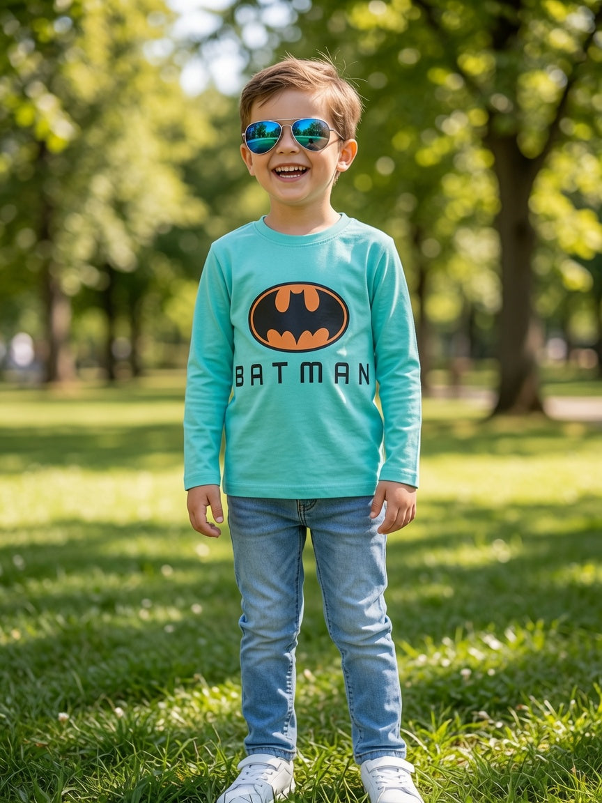 Reekaz Boys Light Green Full Sleeve Cotton T-Shirt with Bat-Inspired Graphic