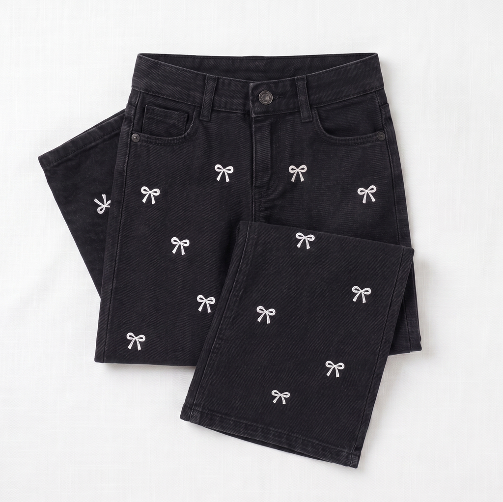 Reekaz Girls Black Embroidered Bow Wide Leg Denim Jeans | Soft Stretch Casual Pants | Ages 1–12 Years
