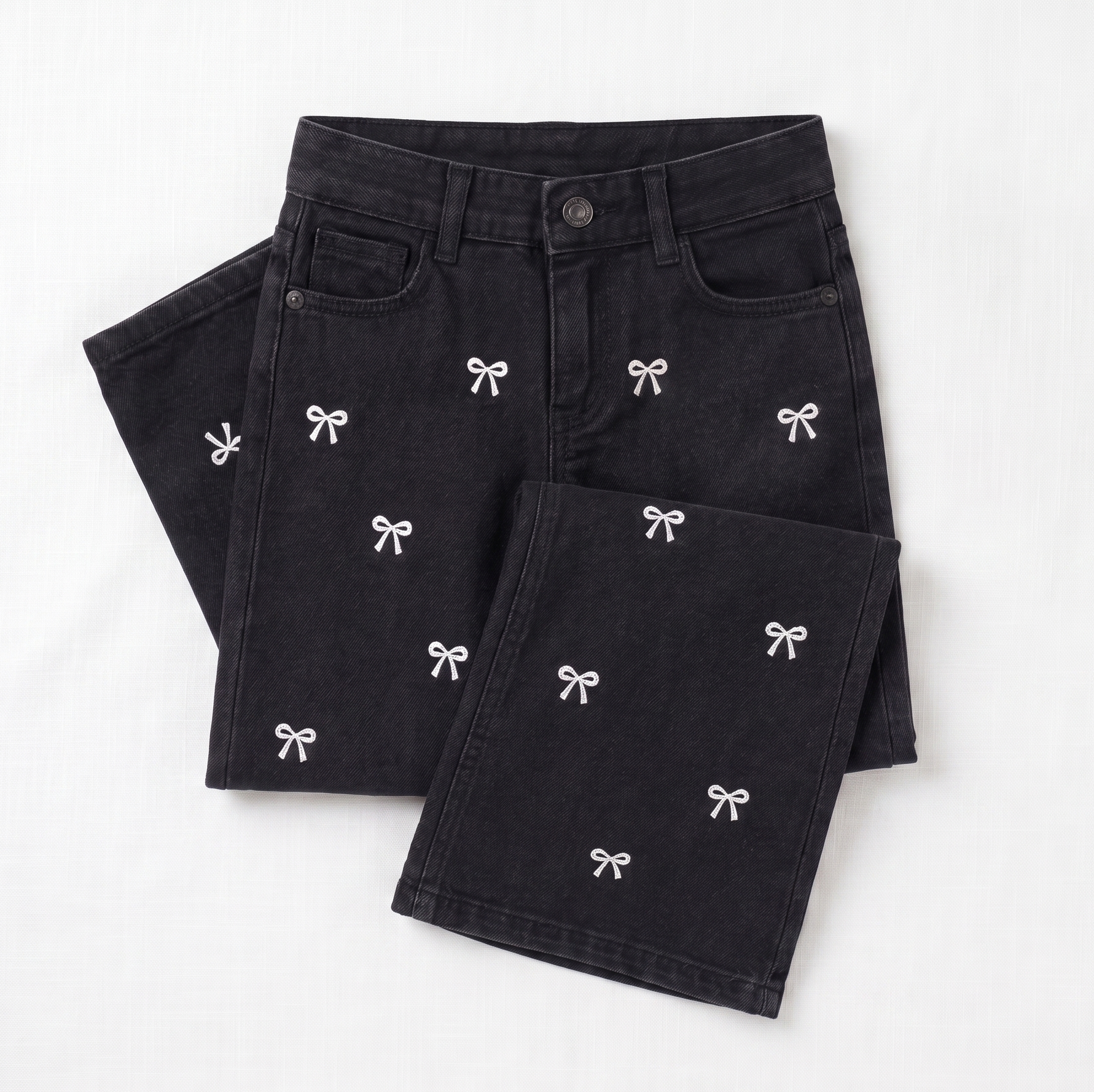 Reekaz Girls Black Embroidered Bow Wide Leg Denim Jeans | Soft Stretch Casual Pants | Ages 1–12 Years