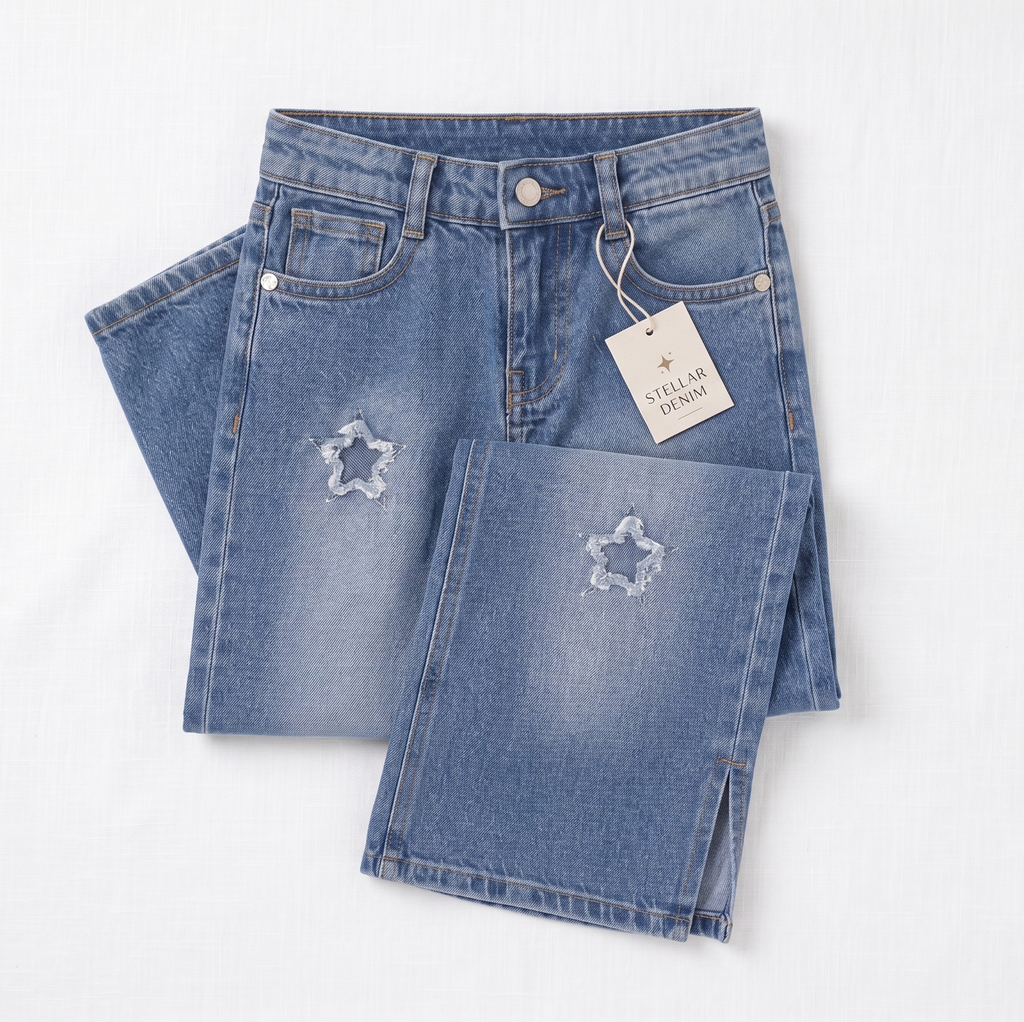 Girls Light Blue Wide Leg Denim Jeans with Distressed Star Patches | High Waist Wide Leg Pants | Ages 1-12 Years | Reekaz