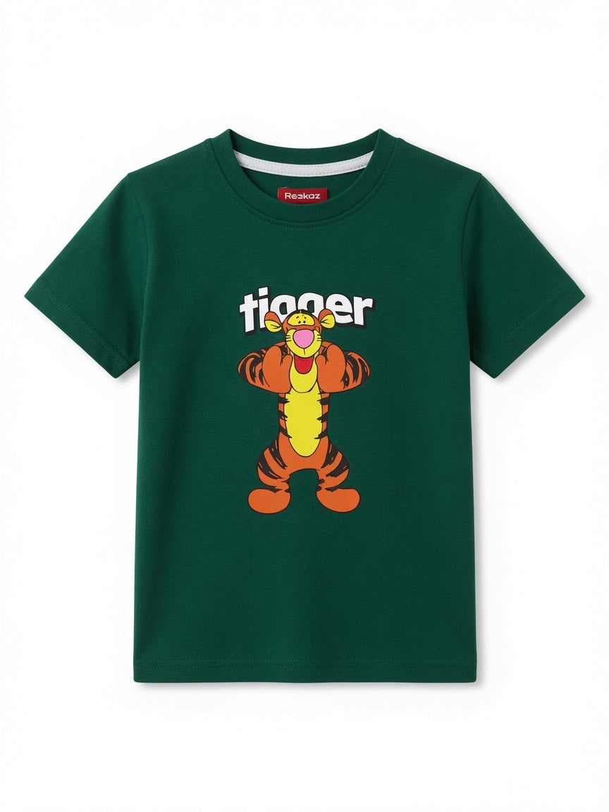 Reekaz Boys Green Tiger Graphic T-Shirt | Soft Cotton Half Sleeve Kids Tee | Casual Summer Wear (1–12 Years)