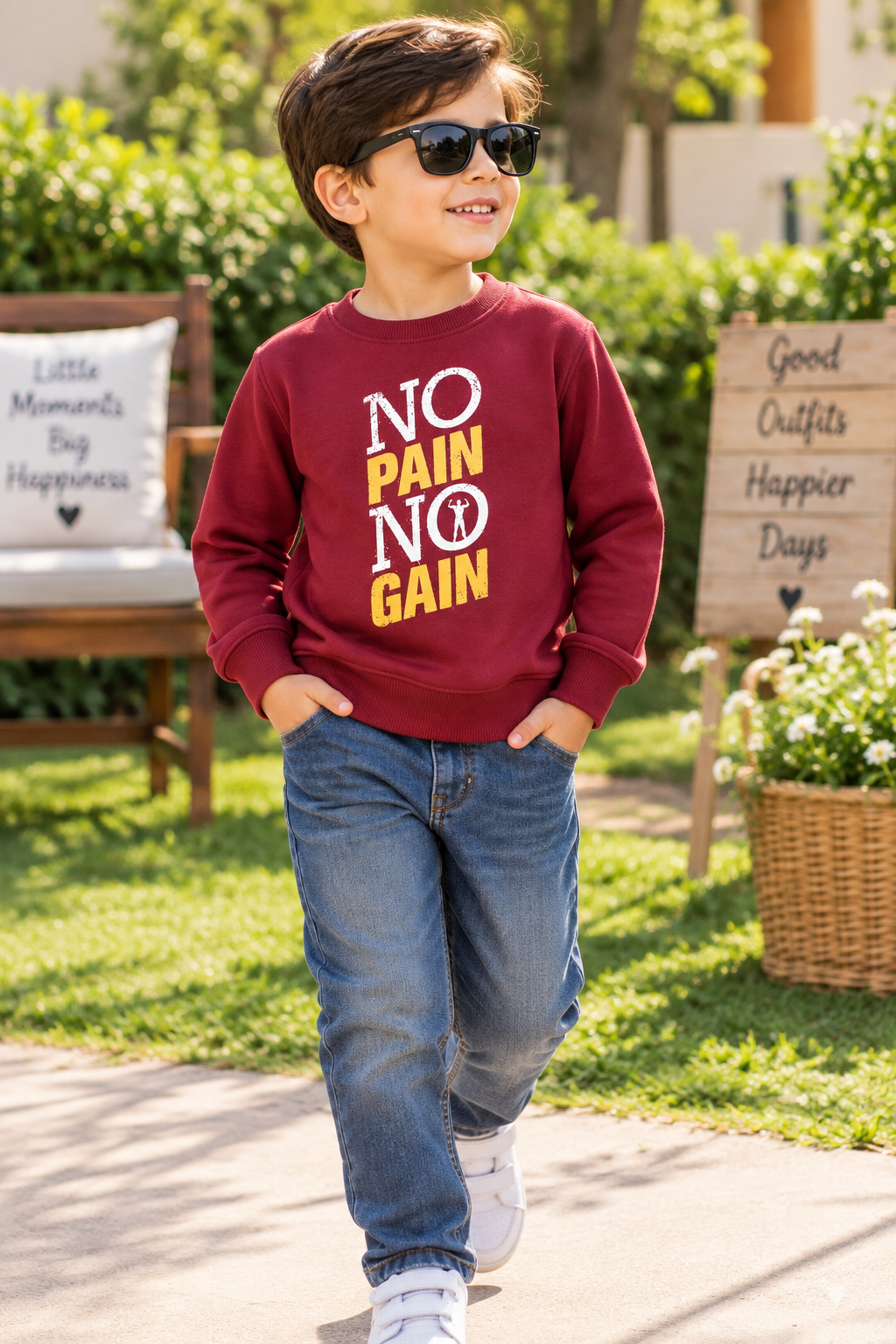 Boys Burgundy No Pain No Gain Full Sleeve Winter Sweatshirt