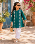 Reekaz Girls Emerald Green Embroidered Kurta | Premium Cotton Ethnic Wear | Ages 4–14 Years