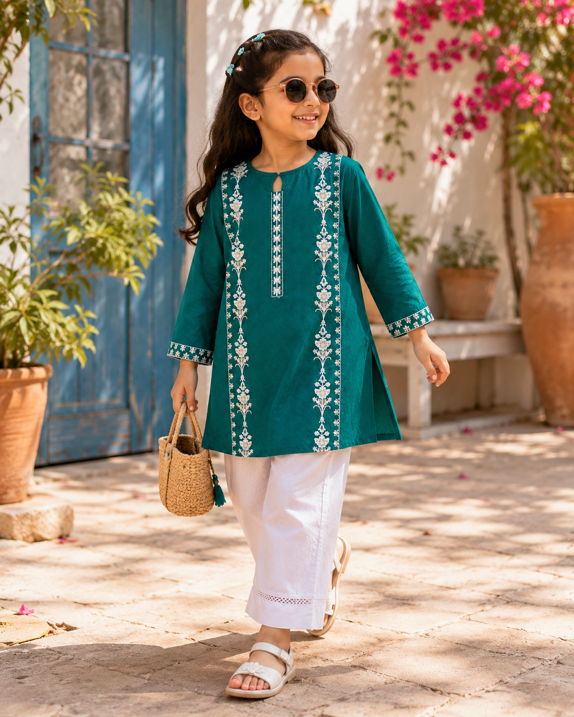 Reekaz Girls Emerald Green Embroidered Kurta | Premium Cotton Ethnic Wear | Ages 4–14 Years