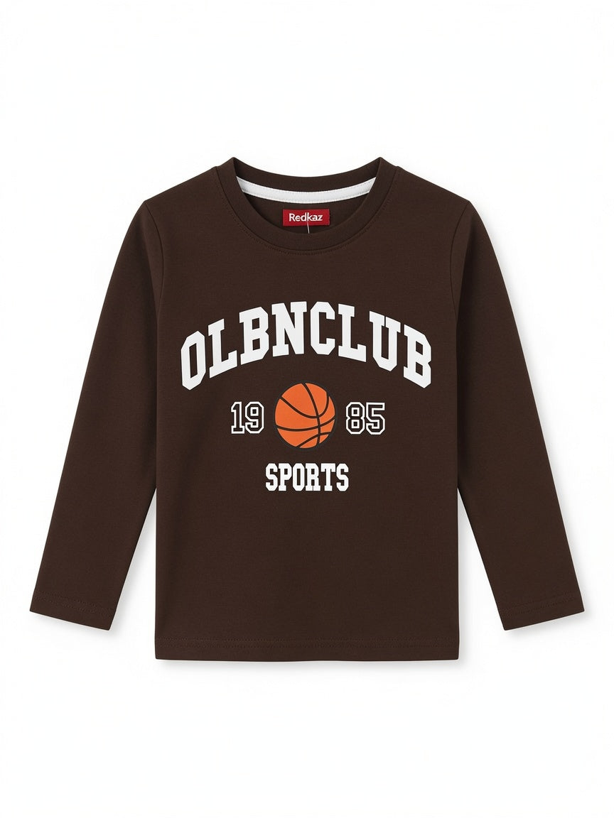 Kids Dark Brown Long Sleeve Basketball T-Shirt - OLBNCLUB Sports Graphic | 1-12 Years
