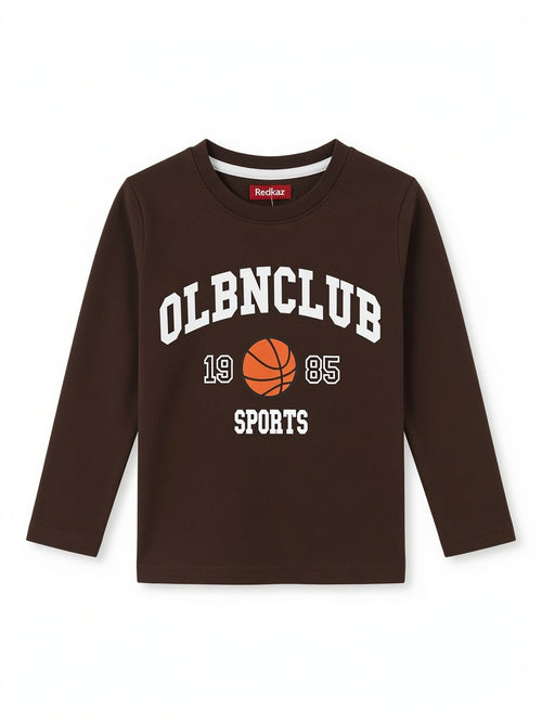 Kids Dark Brown Long Sleeve Basketball T-Shirt - OLBNCLUB Sports Graphic | 1-12 Years