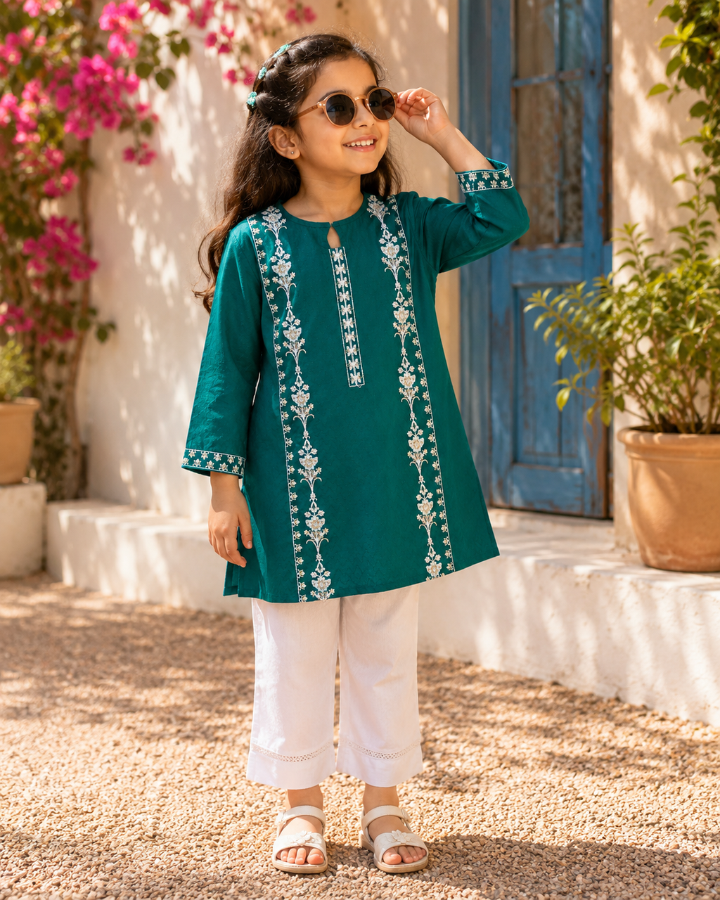 Reekaz Girls Emerald Green Embroidered Kurta | Premium Cotton Ethnic Wear | Ages 4–14 Years