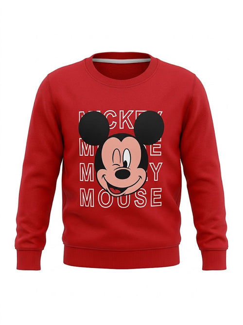 Boys Red Cartoon Mouse Printed Full Sleeve Winter Sweatshirt