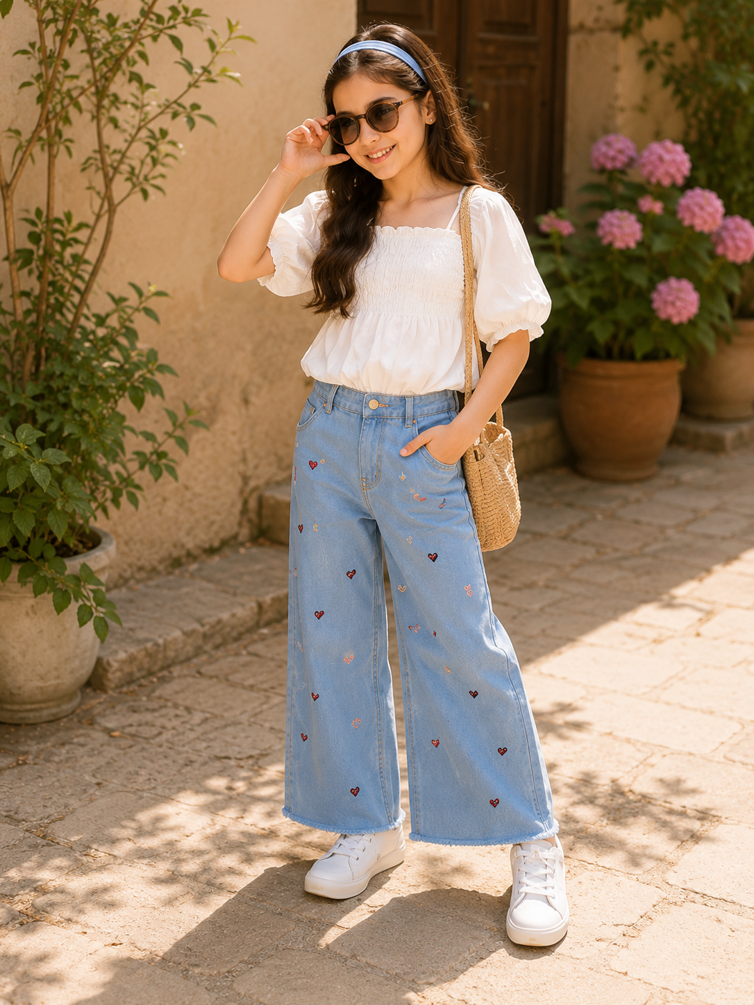 Reekaz Girls Light Blue Embroidered Wide Leg Denim Jeans | Soft Stretch Kids Pants | Ages 1–12 Years