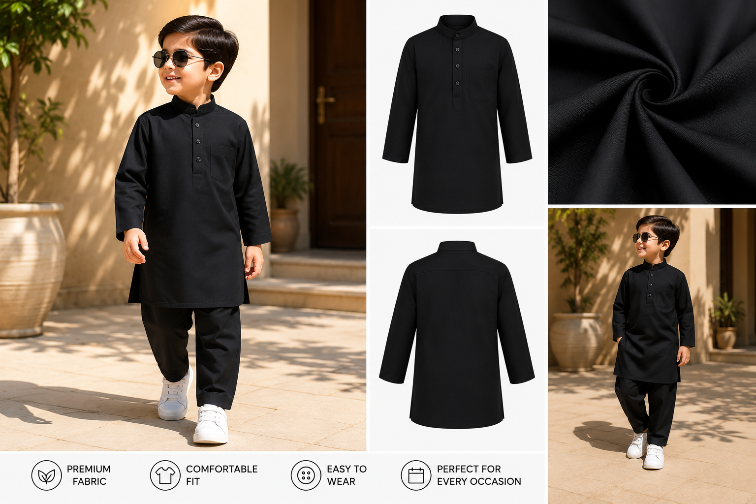 REEKAZ Boys Black Cotton Kurta | Traditional Pakistani Kurta for Kids | Eid & Casual Wear (1-6 Years)
