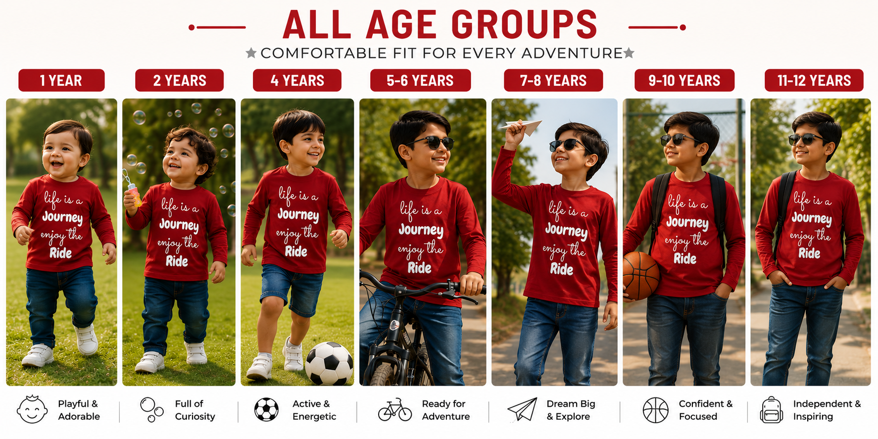 Reekaz Boys Red Full Sleeve T-Shirt – "Life is a Journey Enjoy the Ride" Graphic Cotton Tee