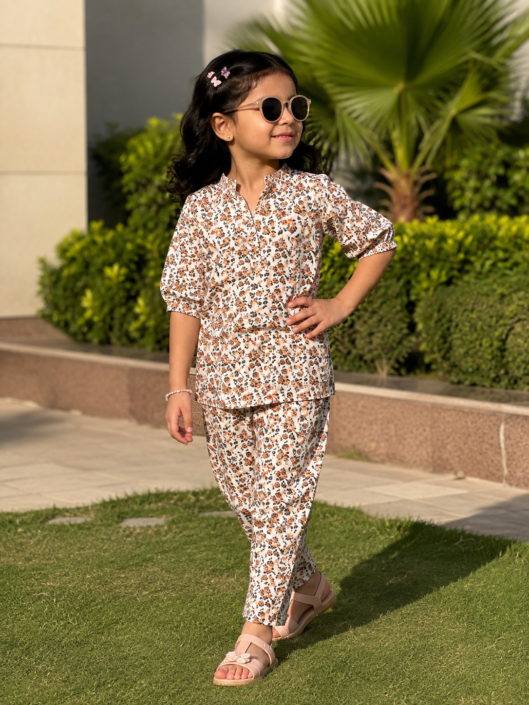 Girls Floral Printed Co-Ord Set – Cream | Soft Cotton Summer Outfit