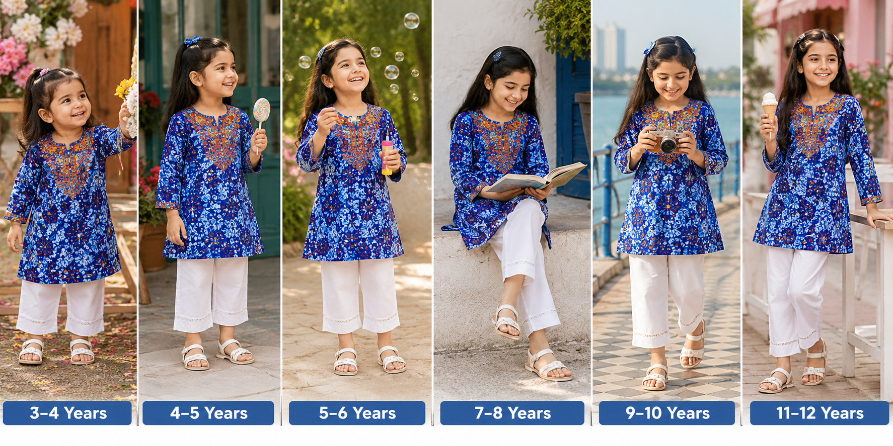 Reekaz Girls Embroidered Printed Kurta – Blue Multicolor Ethnic Cotton Kurti | 3-4 to 14 Years