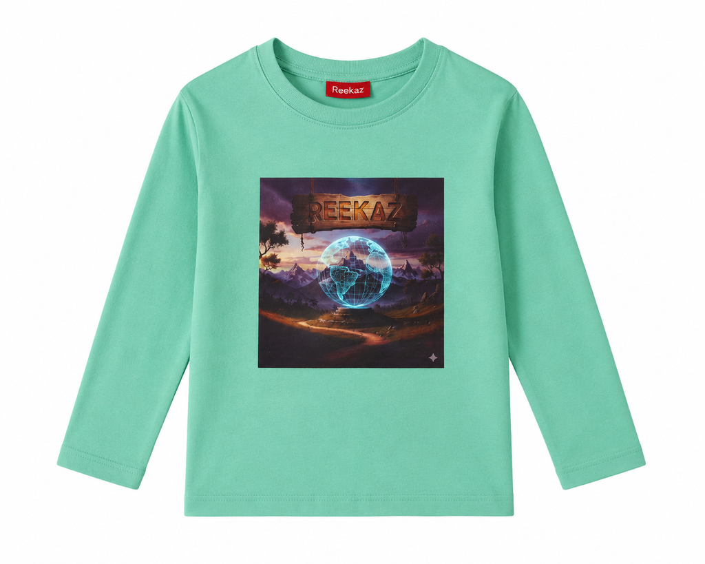 Reekaz Boys Mint Green Full Sleeve Graphic T-Shirt – Soft Cotton Casual Kids Tee