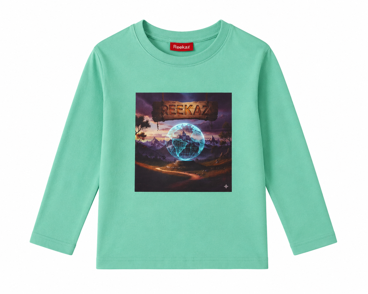 Reekaz Boys Mint Green Full Sleeve Graphic T-Shirt – Soft Cotton Casual Kids Tee