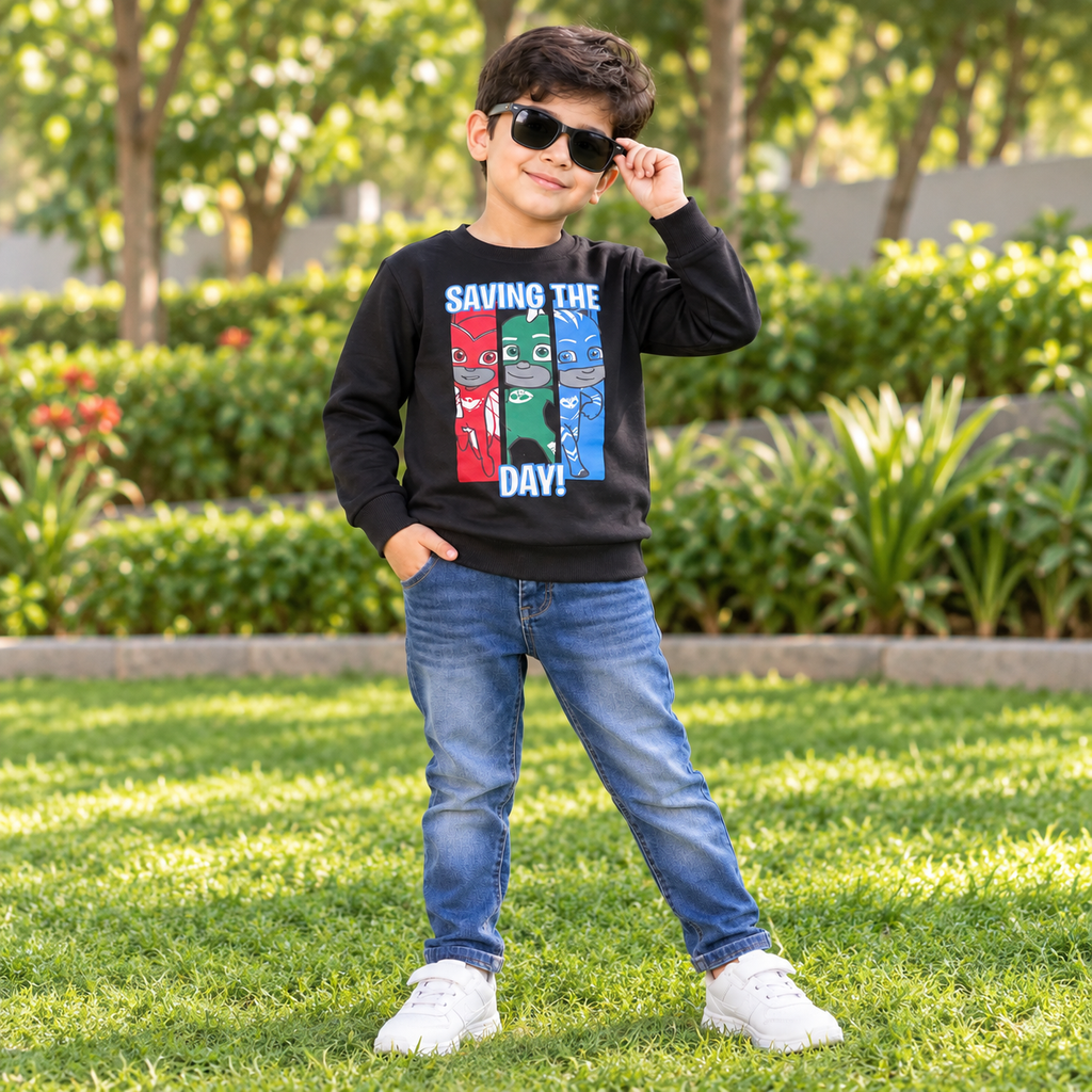 Boys Black Saving The Day Superhero Printed Winter Sweatshirt