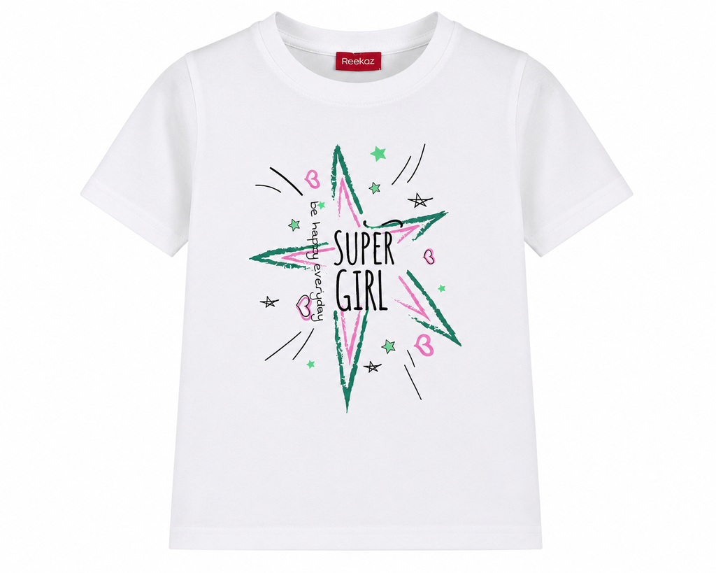 Reekaz Girls Super Girl Graphic T-Shirt – White Cotton Half Sleeve Tee (1–12 Years)