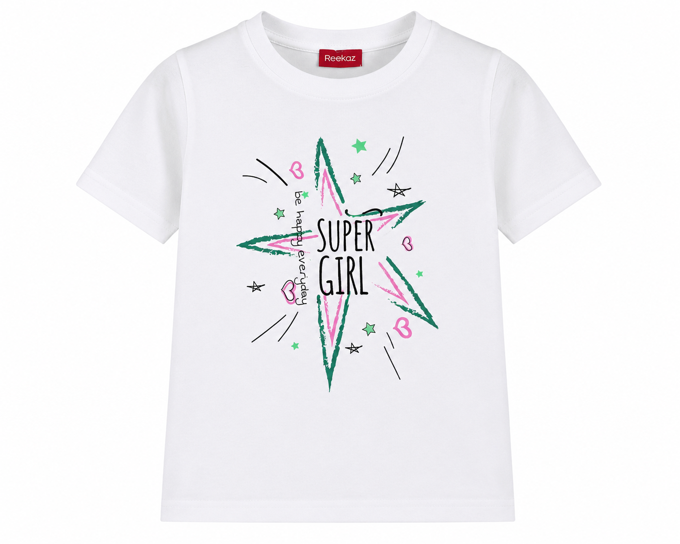 Reekaz Girls Super Girl Graphic T-Shirt – White Cotton Half Sleeve Tee (1–12 Years)