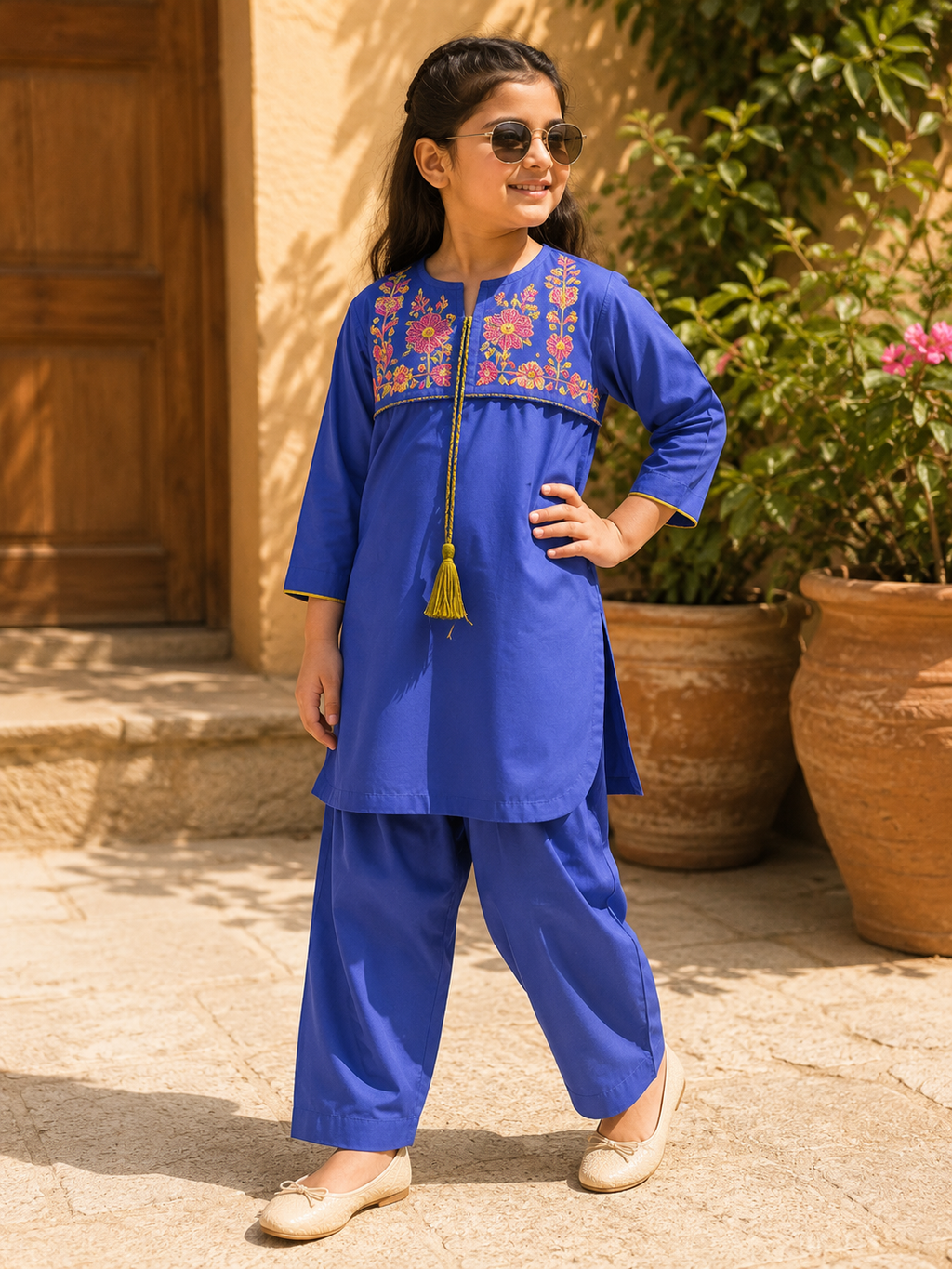 Reekaz Girls Embroidered Kurta Only – Royal Blue Traditional Eastern Wear for Kids