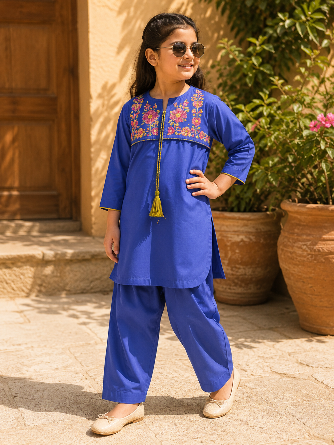 Reekaz Girls Embroidered Kurta Only – Royal Blue Traditional Eastern Wear for Kids