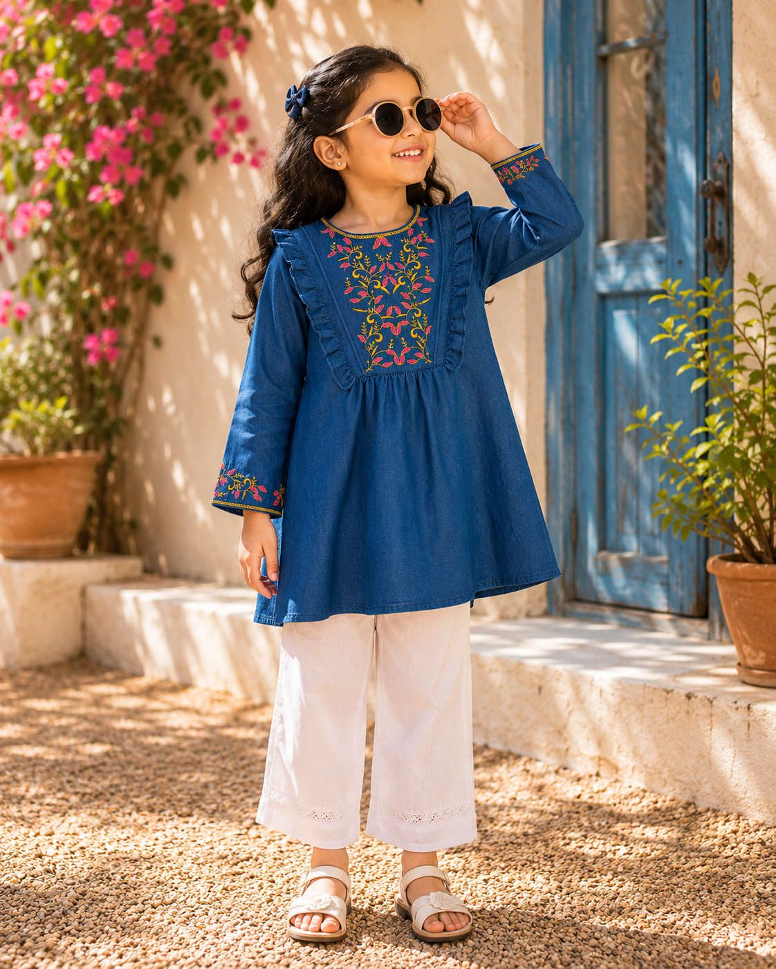 Reekaz Girls Embroidered Denim Kurta – Soft Cotton Casual Ethnic Top | Blue | Ages 4–14 Years